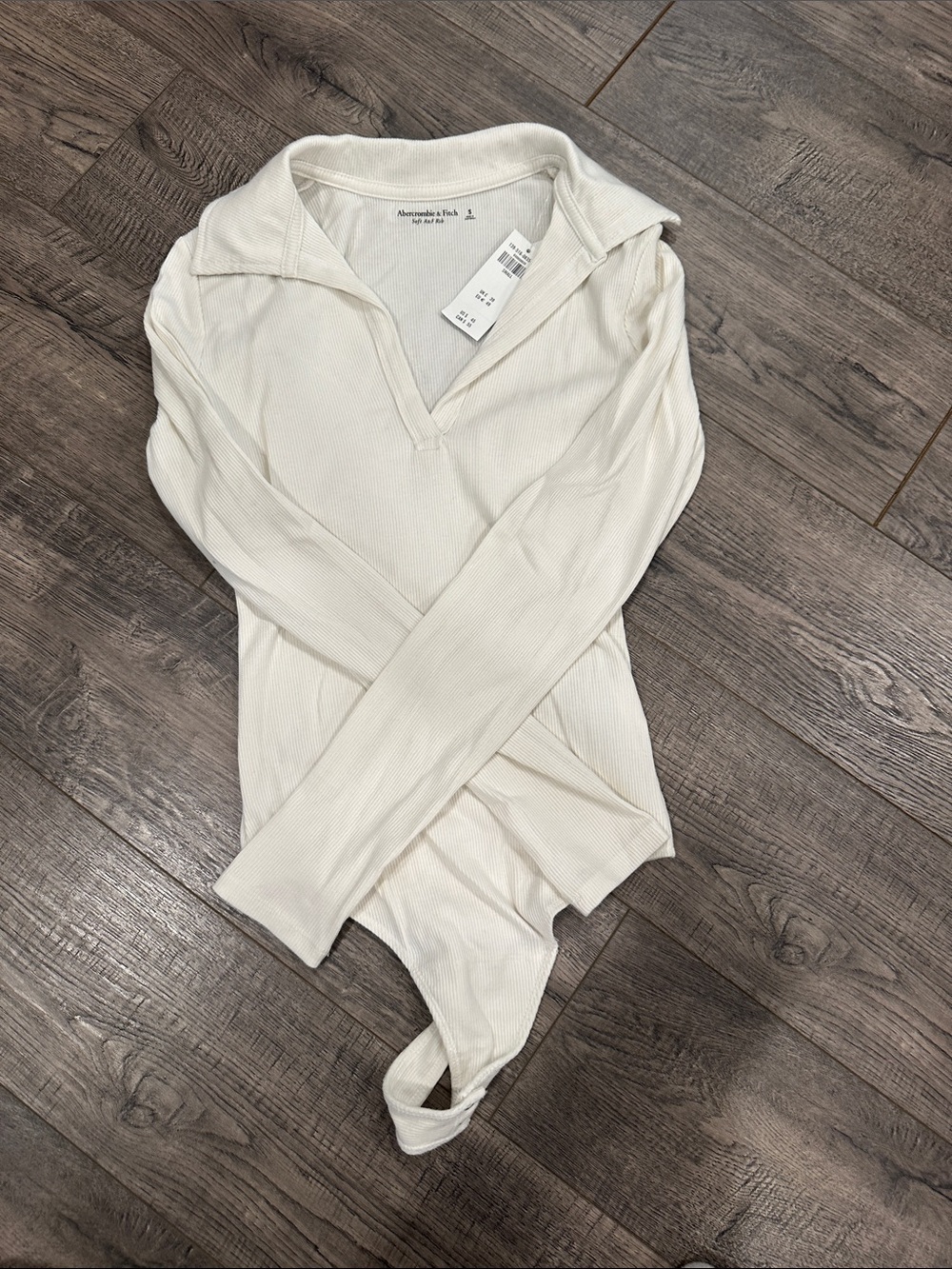Abercrombie & Fitch Ivory Ribbed V-Neck Long Sleeve Bodysuit